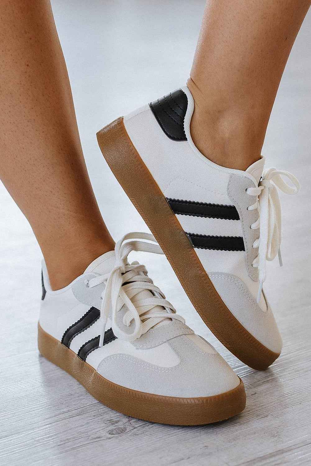 White Striped Lace Up Flat Sneakers 16765a51a6c3bee1