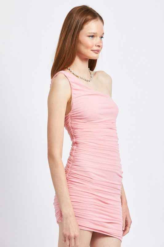 ONE SHOULDER RUCHED MESH DRESS 16790272_61f7f002-35e6-4559-a797-6e455a60760d