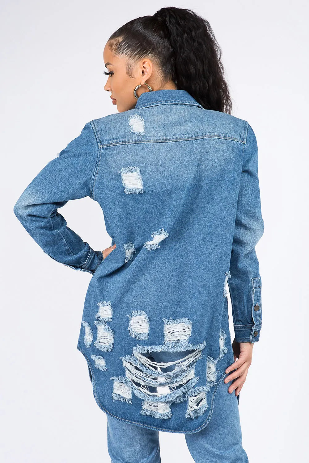 American Bazi Distressed Button Down Denim Shirt Jacket 167edbe3-1411-43fb-a057-1d5b555cbcdb-Max