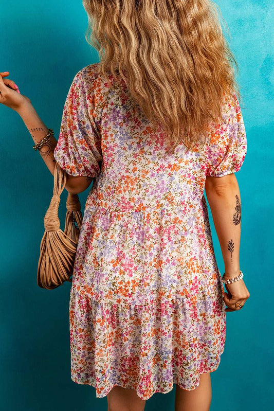 Red Floral Print Notched V Neck Puff Sleeve Tiered Mini Dress 167f924a4c87168b-_2