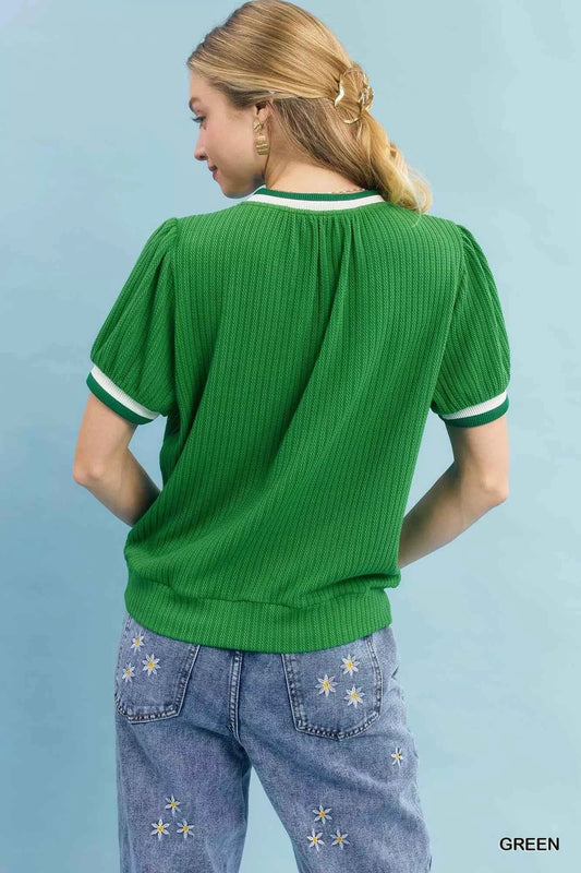 Puff Sleeve Knit Top with Contrast Rib Trim 1681e1b3-7b59-4f76-b461-f491d40741b8-Max-Origin