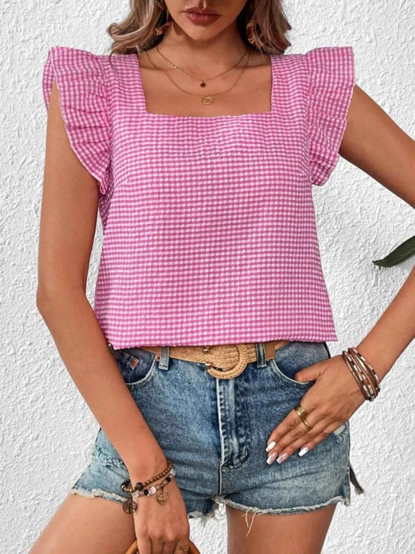 Gingham Ruffle Sleeve Square Neck Blouse 1688d53f-1b67-4f55-8eaa-4367e4dcec67-Max-Origin