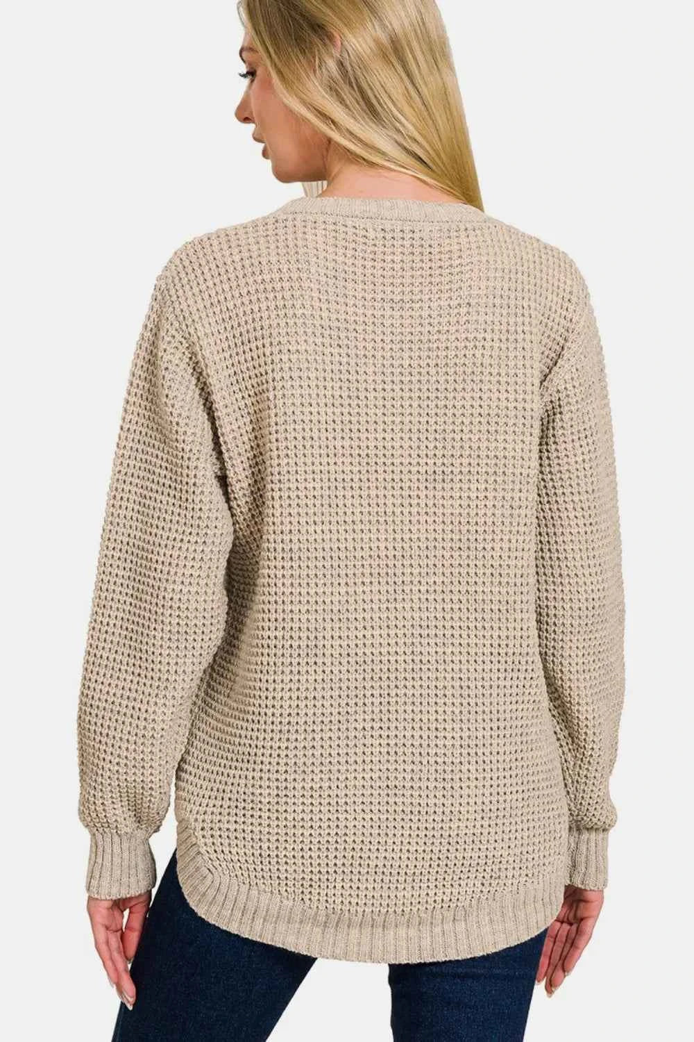 Zenana High Low Long Sleeve Waffle Sweater 168b1312-4d00-4d68-bf43-9893ab5f2b31-Max
