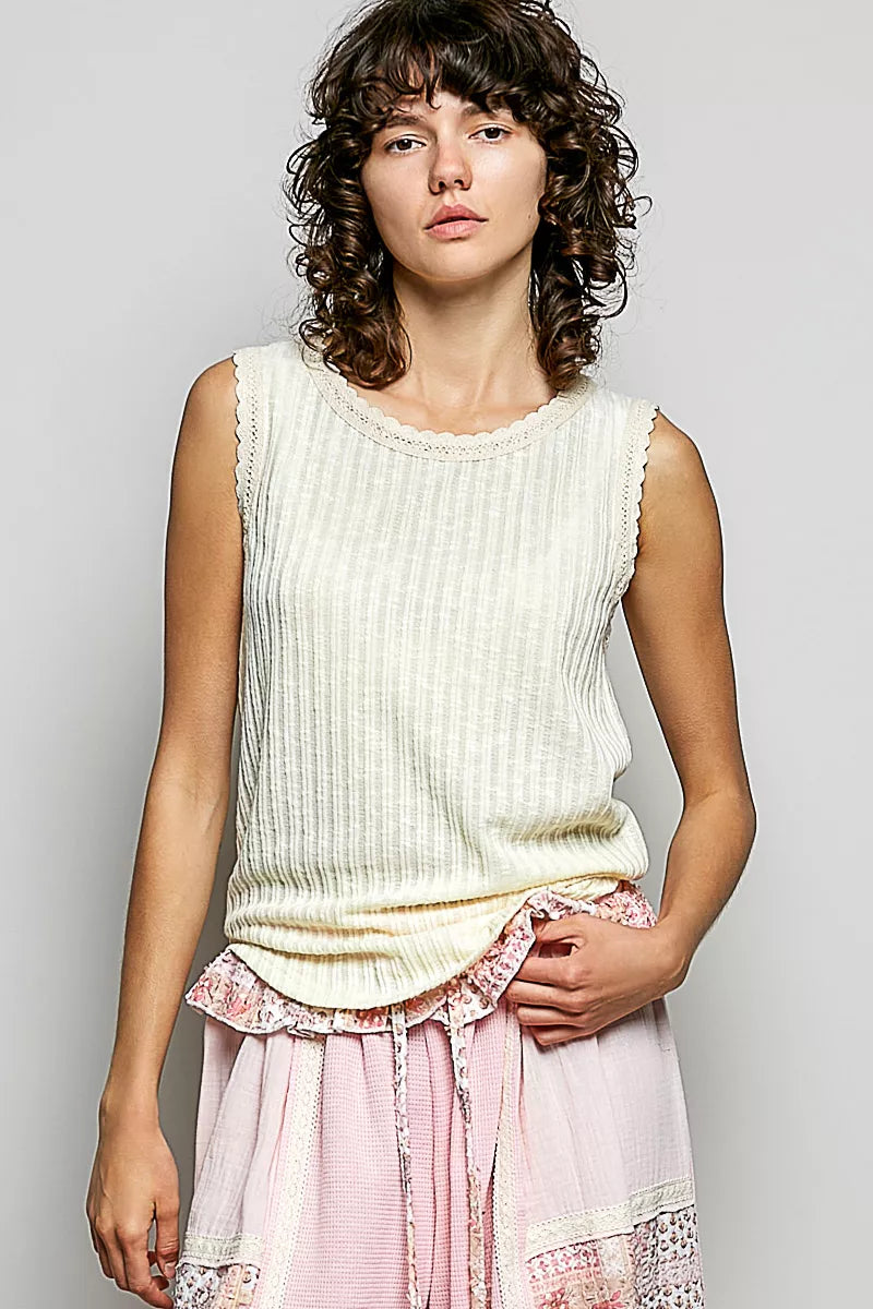POL Ribbed Round Neck Tank with Lace Trim BEIGE 168ce22f-9c51-4844-a7fb-b946986d88be-Max-Origin