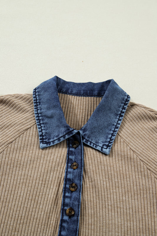 Beige Ribbed Knit Denim Patchwork Button Polo Collar Cuffed Long Sleeve Top 1694447c0d0a937e