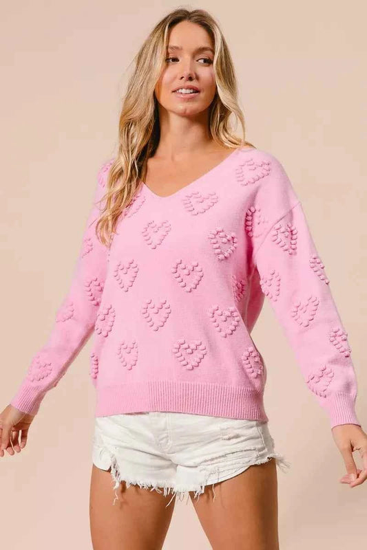 BiBi Valentines Heart Pompom V Neck Knit Top PINK 1695930e2ab14887a139ce2033e68436-Max-Origin