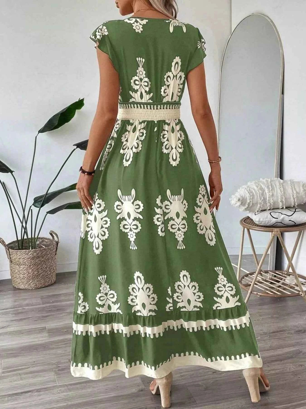 Printed V-Neck Ruffled Cap Sleeve Dress 169c1dc3c7524a39a08396efbf504b57-Max-Origin