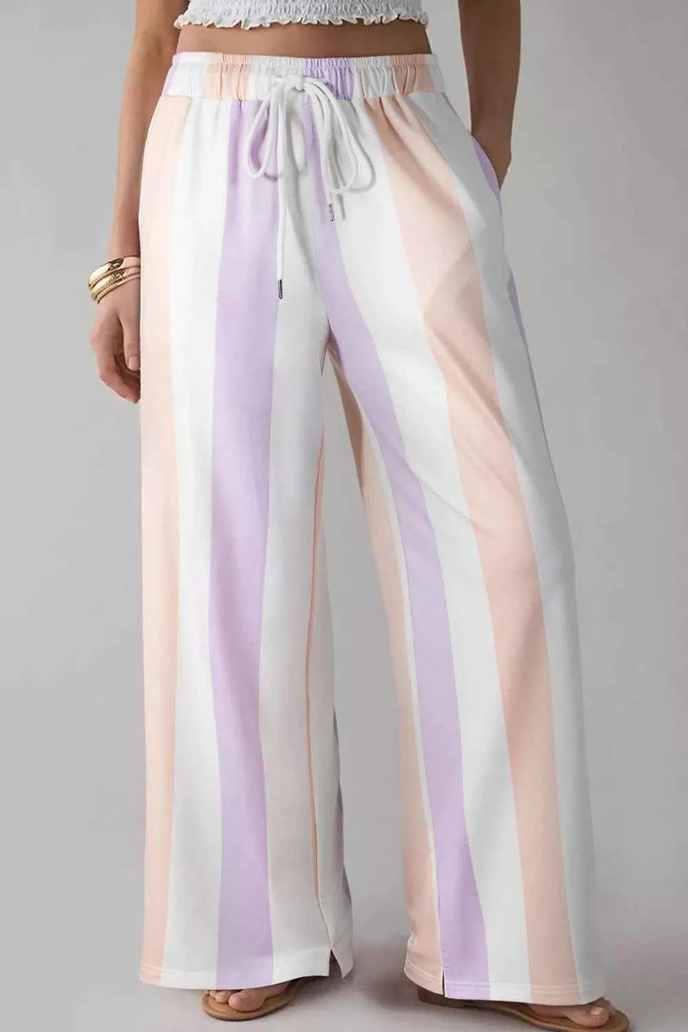 Stripe Multicolored Print Drawstring Loose Pants with Side Pockets Pink Purple 169f299b-ea69-496e-9d35-4998e170dd07-Max-Origin