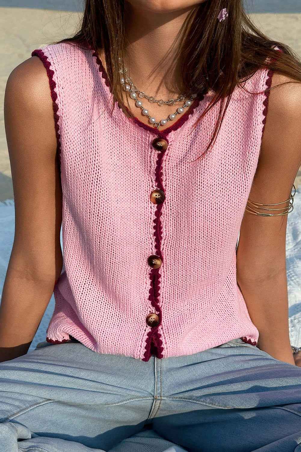 Pink Contrast Trim Buttoned Front Sweater Vest 16a0405ae0d12f0e