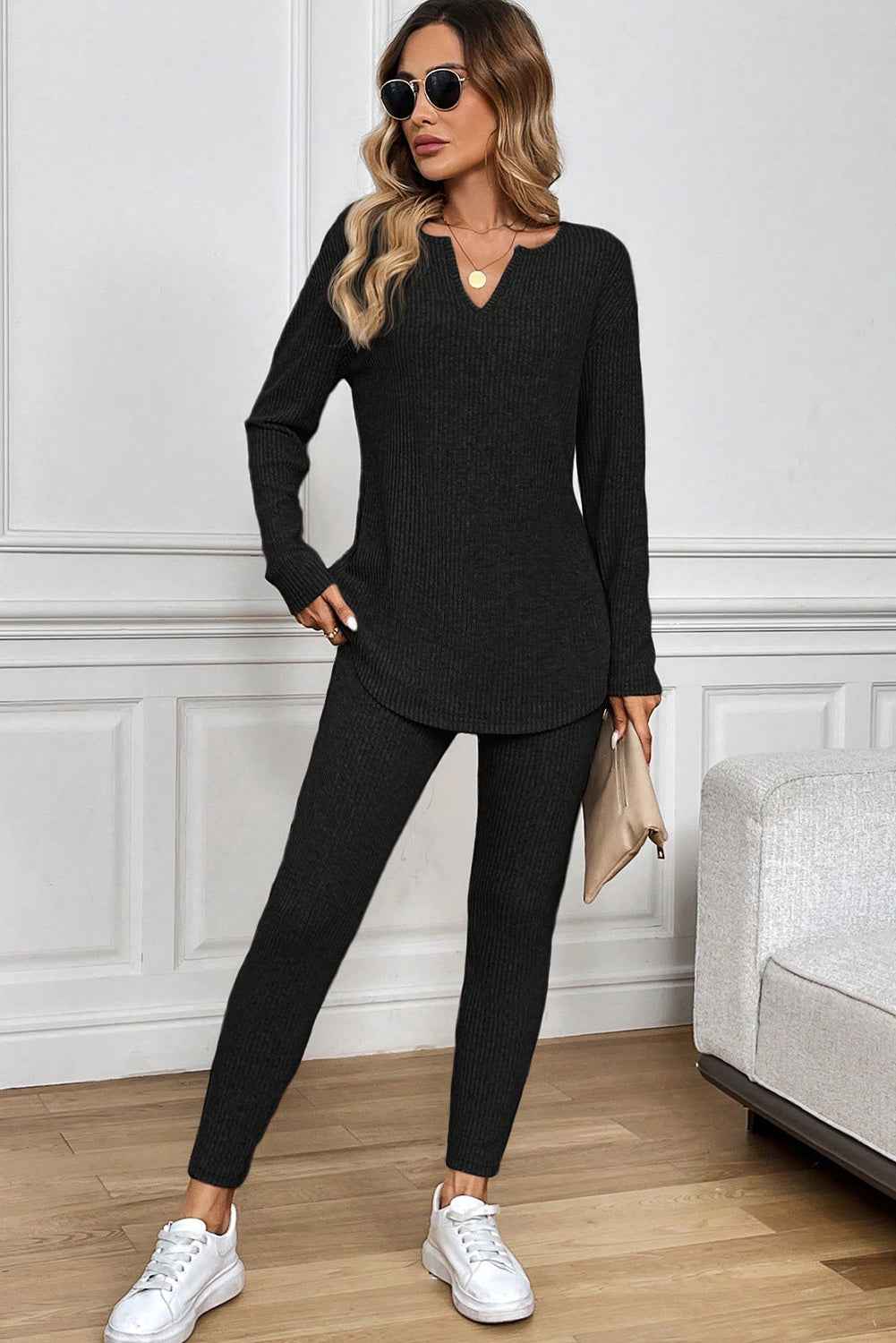 Racing Red Ribbed Notched Neck Knit Long Sleeve Leggings Two Pieces Lounge Set 16a1a549beb59faf