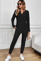 Racing Red Ribbed Notched Neck Knit Long Sleeve Leggings Two Pieces Lounge Set 16a1a549beb59faf