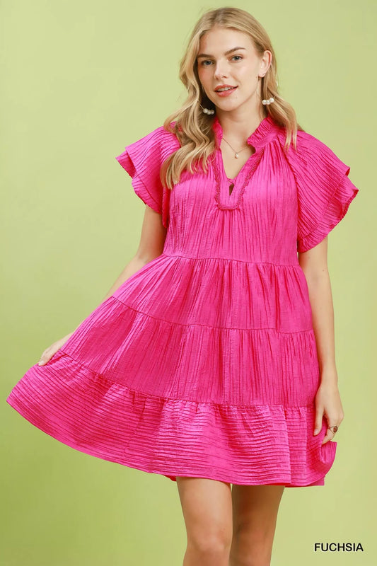Tiered Ruffle Sleeve Textured Mini Dress FUCHSIA 16a1d1c6-06c9-420f-b27e-756acceea141-Max-Origin