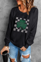 Black Rhinestone Checkerboard Clover Graphic St Patrick Sweatshirt 16a3dab3bac96fee