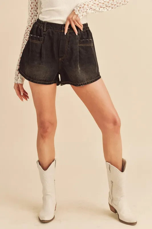 Aemi + Co Frayed Hem Elastic Waist Denim Shorts Black 16a44679-5d8c-4c01-99f9-17f8651c3aed-Max