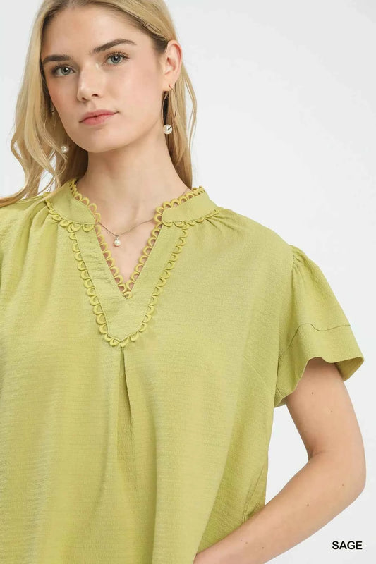 Seersucker Short Sleeve Top with Lace Trim 16a75641-7ce5-4350-ac28-1311d60f3344-Max-Origin