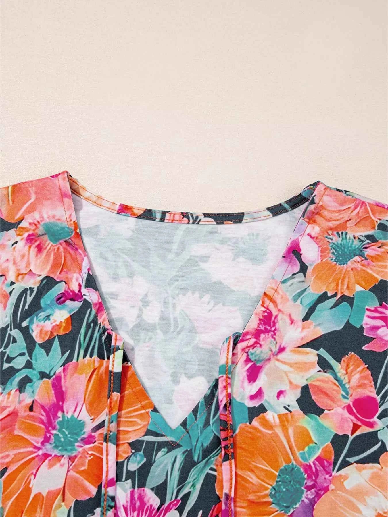 Floral 3/4 Flare Sleeve Tied Neck Blouse 16b0a3f9749b4279bf3c0f20bcf95f9b-Max-Origin