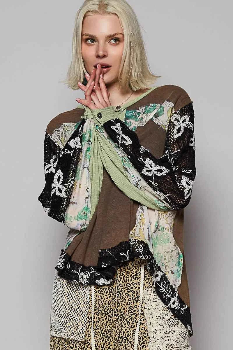 POL Button Detail Floral Patchwork Crochet Sleeve Blouse CHARCOAL 16b39247-c10d-4f80-a96e-2779e8d8cc9b-Max-Origin