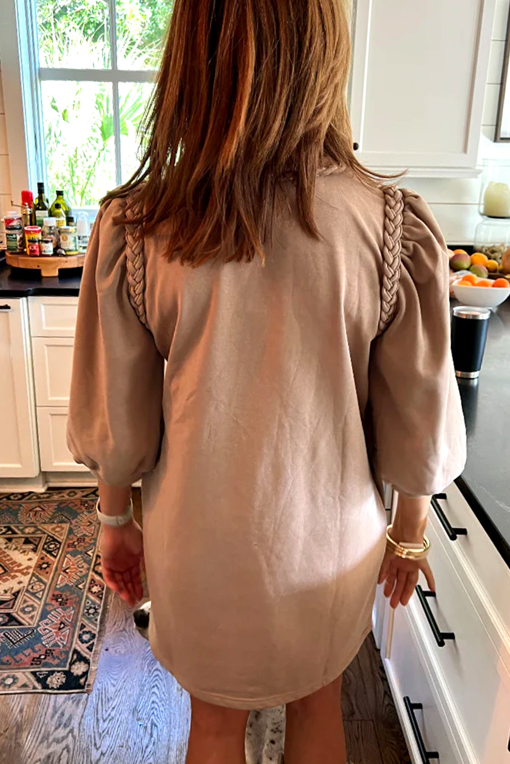Light French Beige Twist Braided Embellished Puff Sleeve Dress 16bd6f52eac0a212