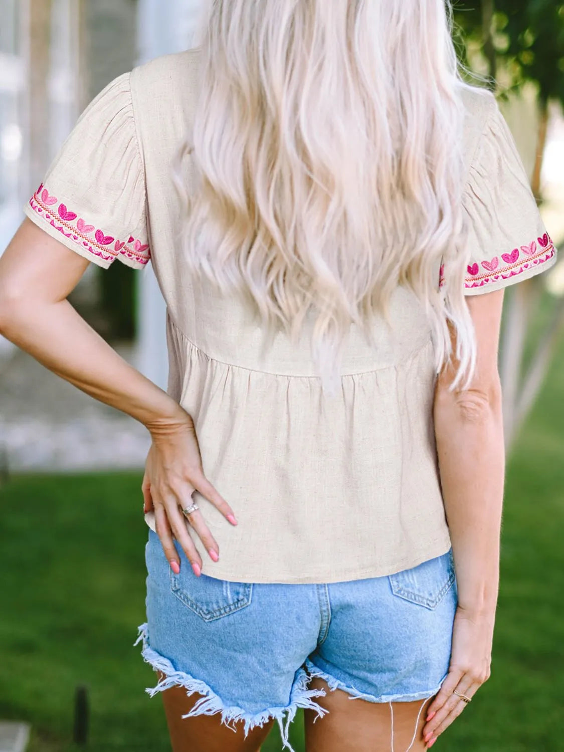 Floral Embroidered Short Sleeve Notched Blouse 16c01d3e-3e77-4392-8e44-2b7af37e2c0a-Max-Origin
