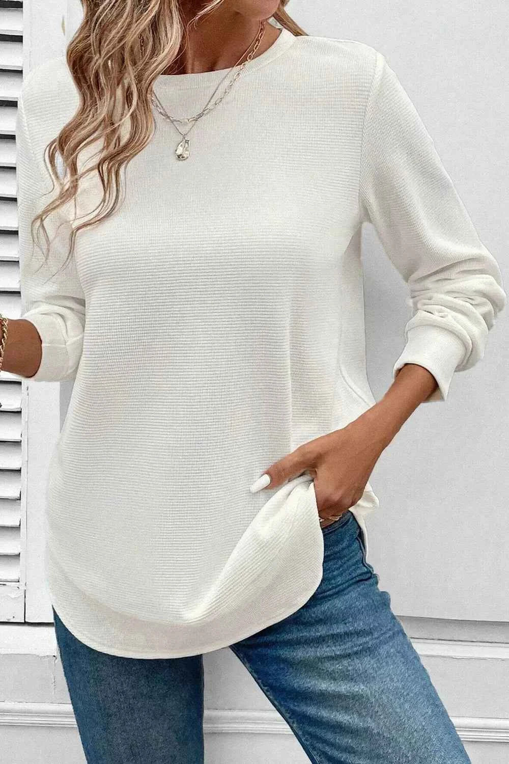 Rounded Neck Waffle Long Sleeve Top White 16c102b4-c3e9-44df-87a4-ff300ea56f43-Max-Origin