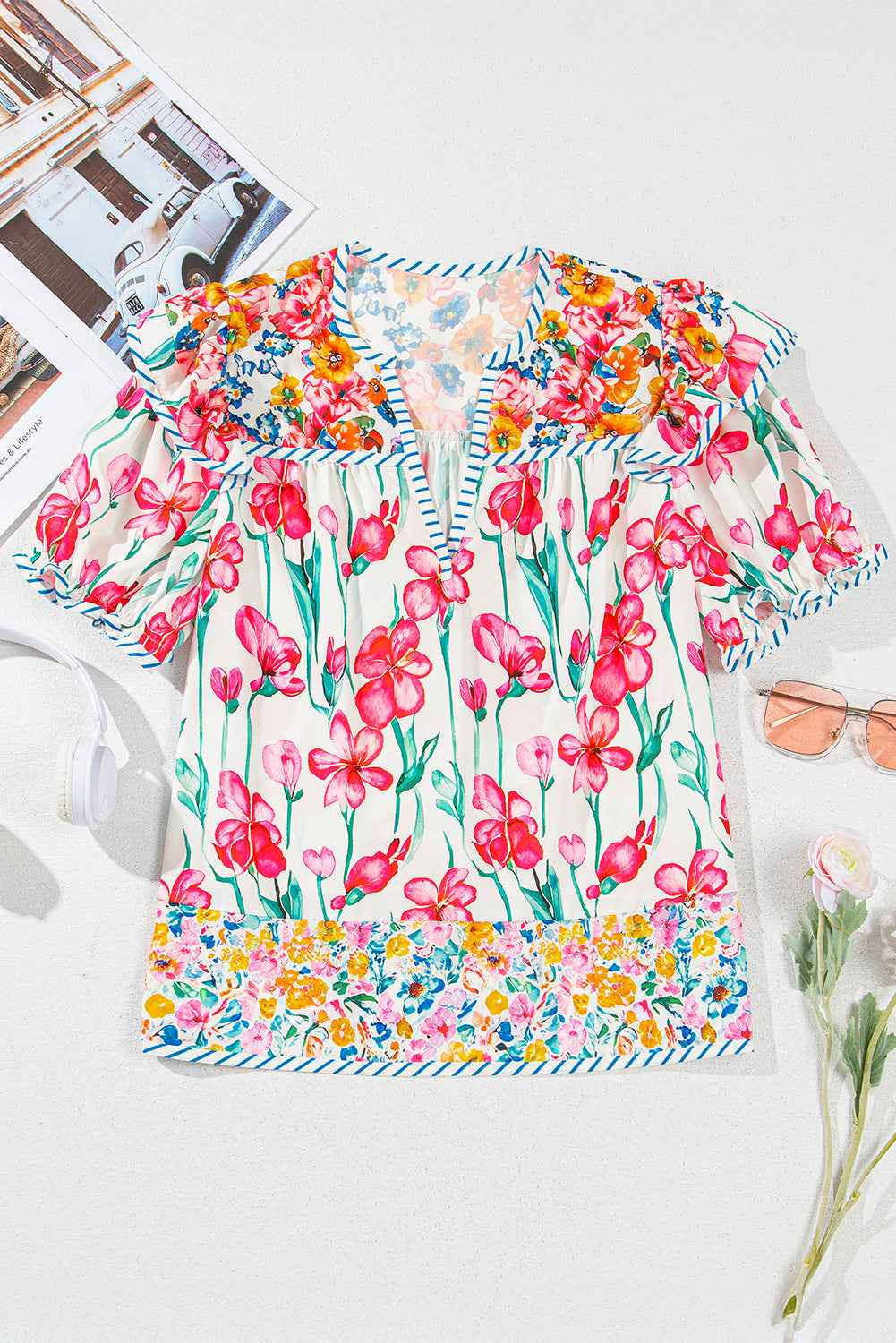 Pink Floral Print Striped Detail Split Neck Short Sleeve Blouse 16c245bd7b641c38