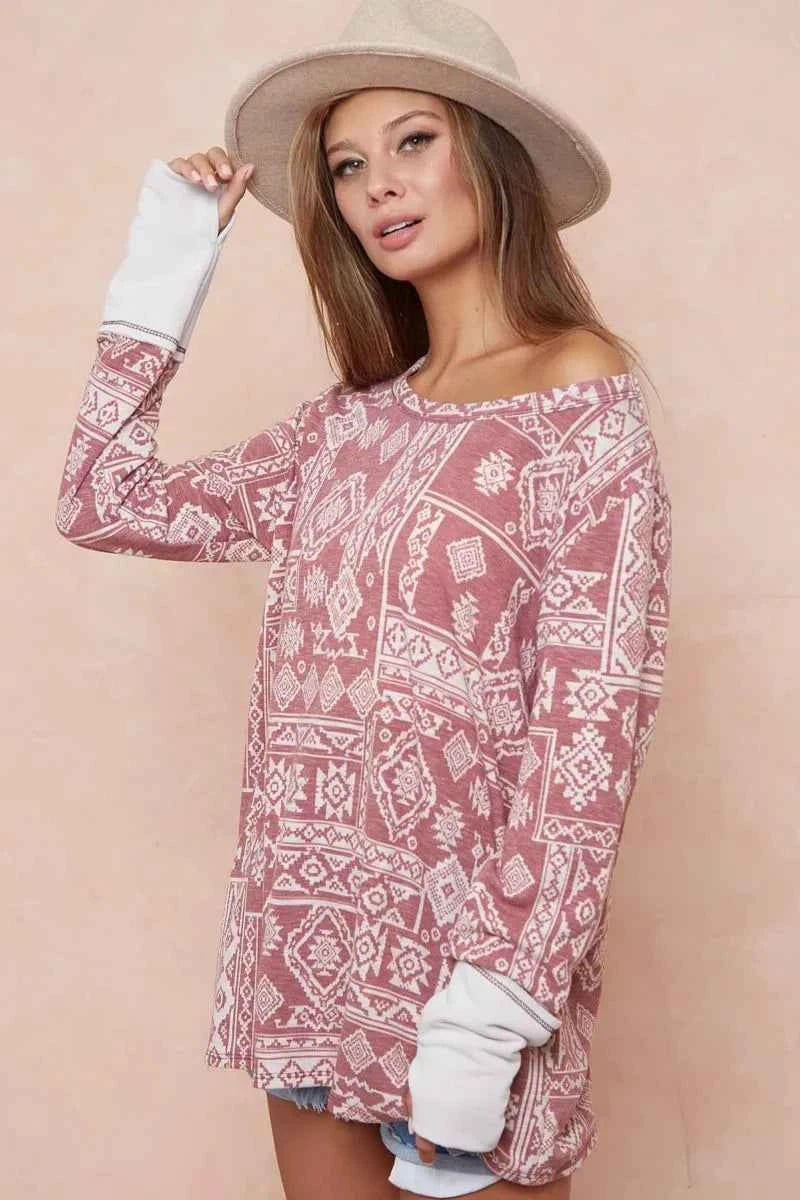 Aztec Print French Terry Top with Thumb Opening 16cdbc3c99494055b68687e3fc885b5f-Max-Origin