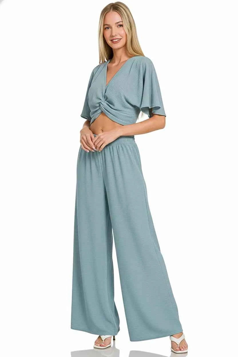Zenana Woven Airflow Twisted Top & Wide Leg Pants Set 16d5f2bf-6c14-487e-b6fa-fec13bc80edb-Max-Origin