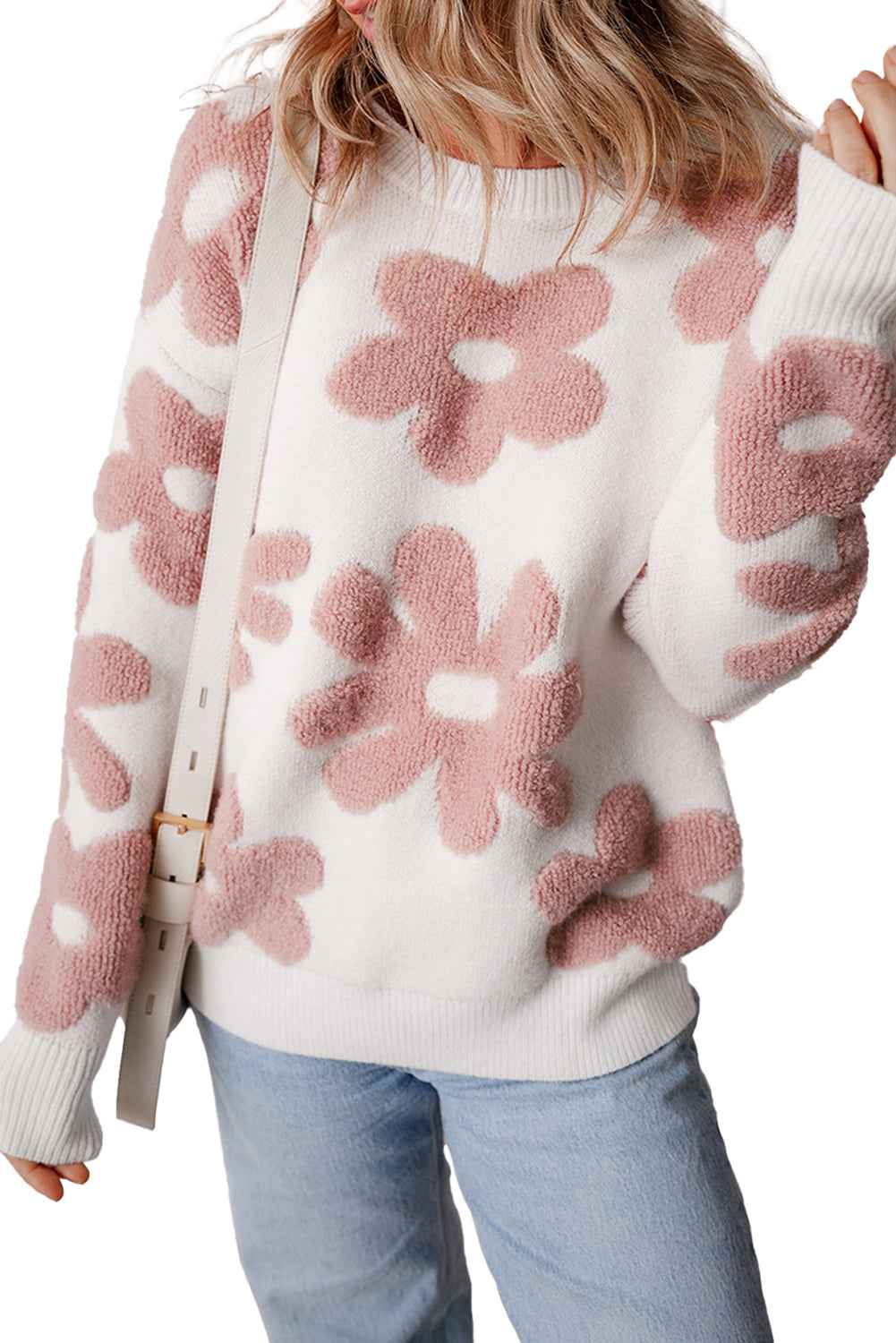 White Vintage Flower Drop Shoulder Loose Sweater 16d7a54ed98073cc