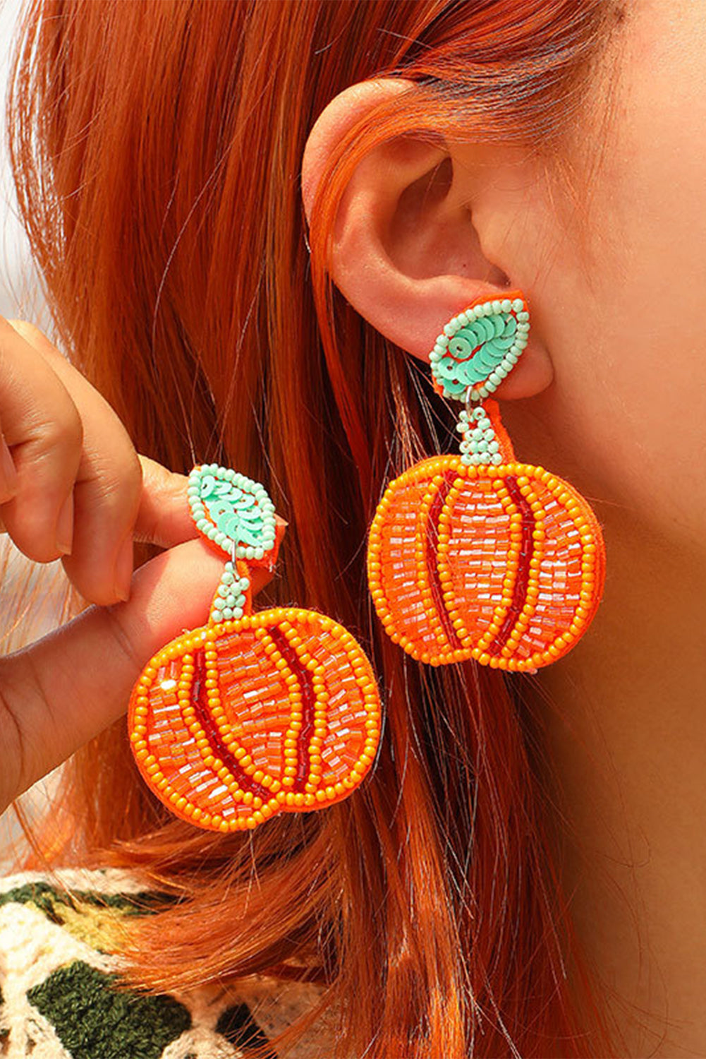 Orange Halloween Pumpkin Rice Beaded Drop Earrings 16d93606241c74aa