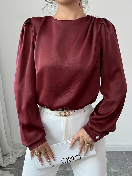 Ruched Round Neck Long Sleeve Blouse