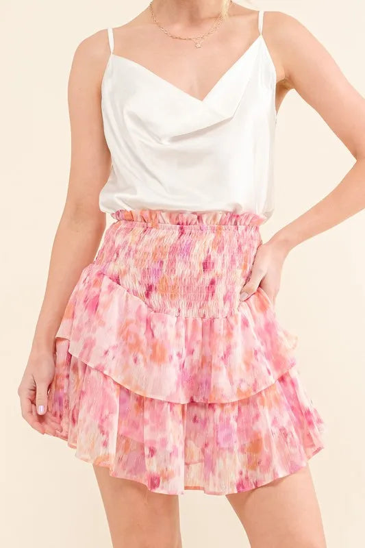 Printed Lurex Smocked Waist Tiered Ruffled Skort 16e28d825a1342a3a34f17481837e7f9-Max-Origin