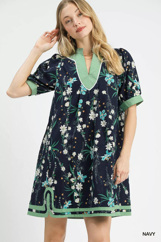 Floral Puff Sleeve Dress with Contrast Trim Navy 16e52654-417f-4246-8461-b2201a75a164-Max-Origin