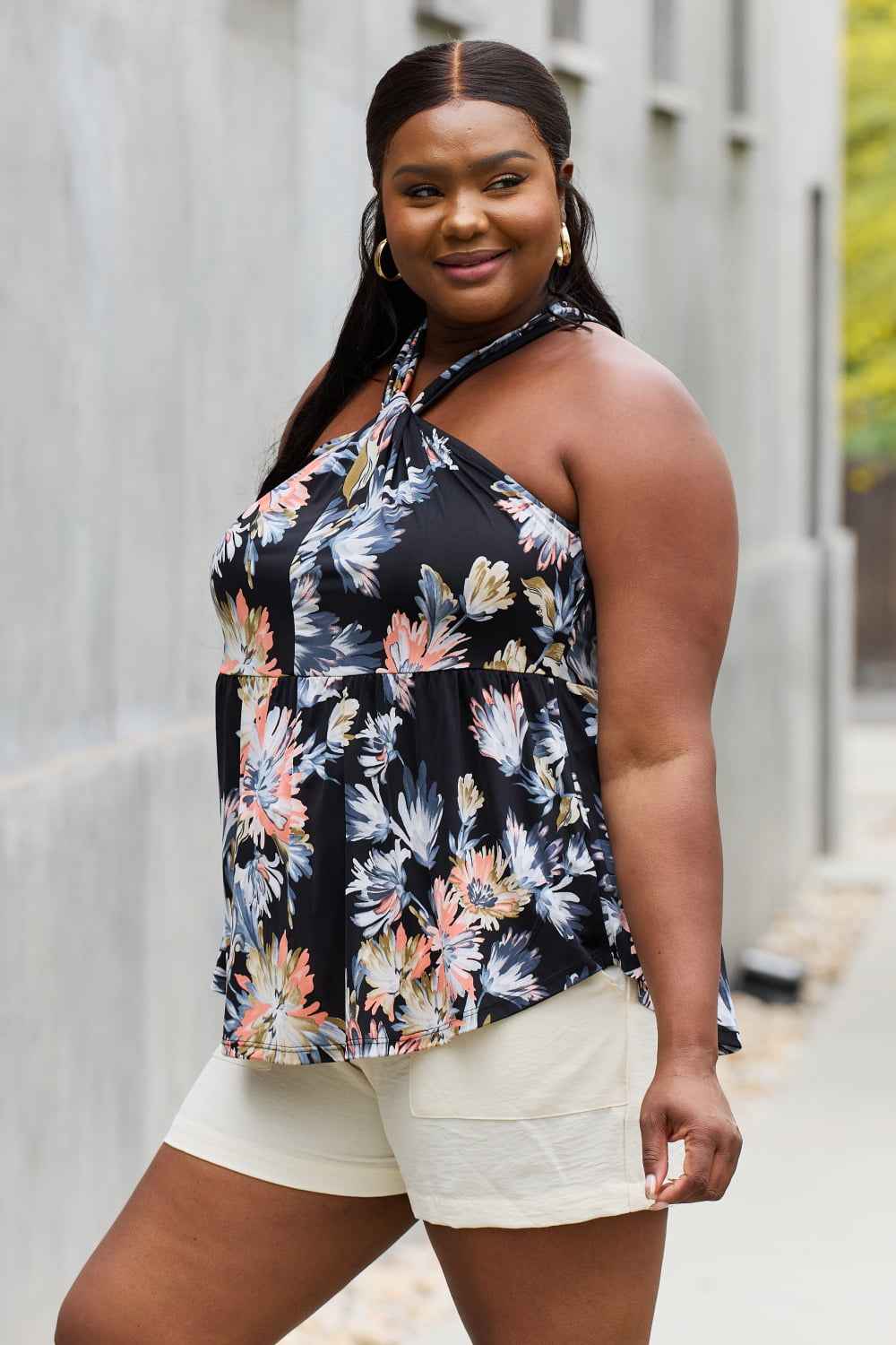 Be Stage Full Size Floral Halter Top in Black 16eb39f5bbea49caaca3c5326b8695f7-Max