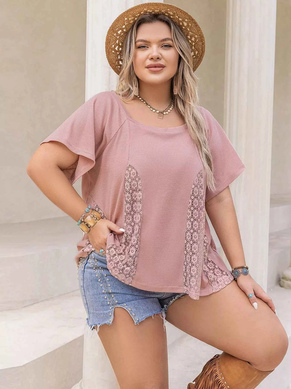 Plus Size Lace Detail Round Neck Short Sleeve T-Shirt 16ee5bb2-a021-4ac1-8670-e1e8917d76f8-Max-Origin
