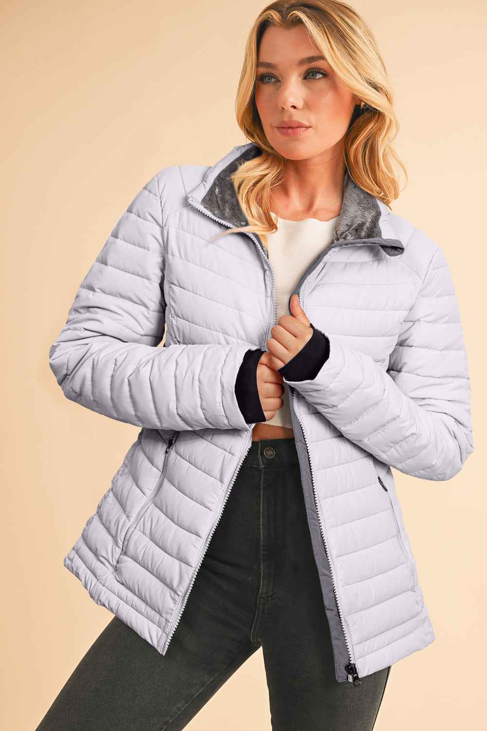 Silvery Solid Color Quilted Zip-up Puffer Jacket 16faa498a3a0e7c0