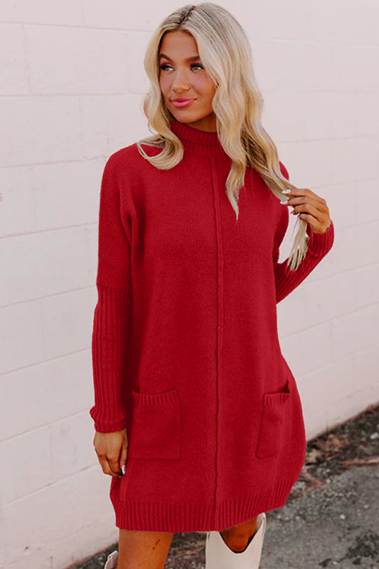Fiery Red Ribbed High Neck Front Pockets Center Seam Sweater Dress 16feb1c474b0a81b