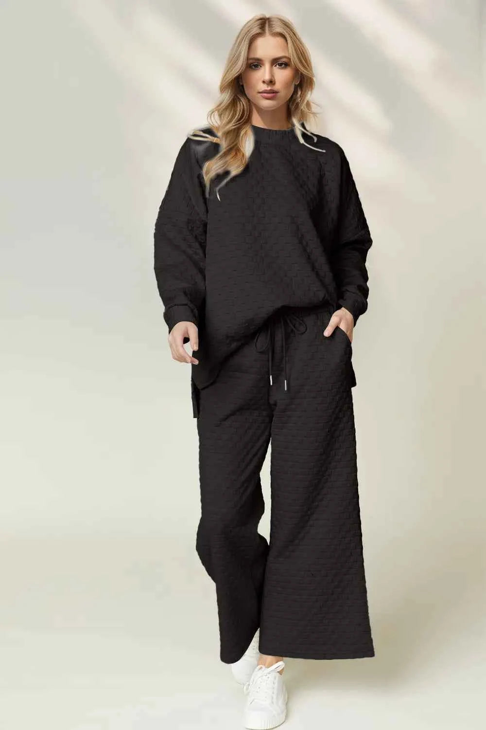 Double Take Checkered Slit High-Low Round Neck Top and Wide Leg Pants Set Black 17014af6-d1d5-4ceb-8e8a-b659dda8c985-Max