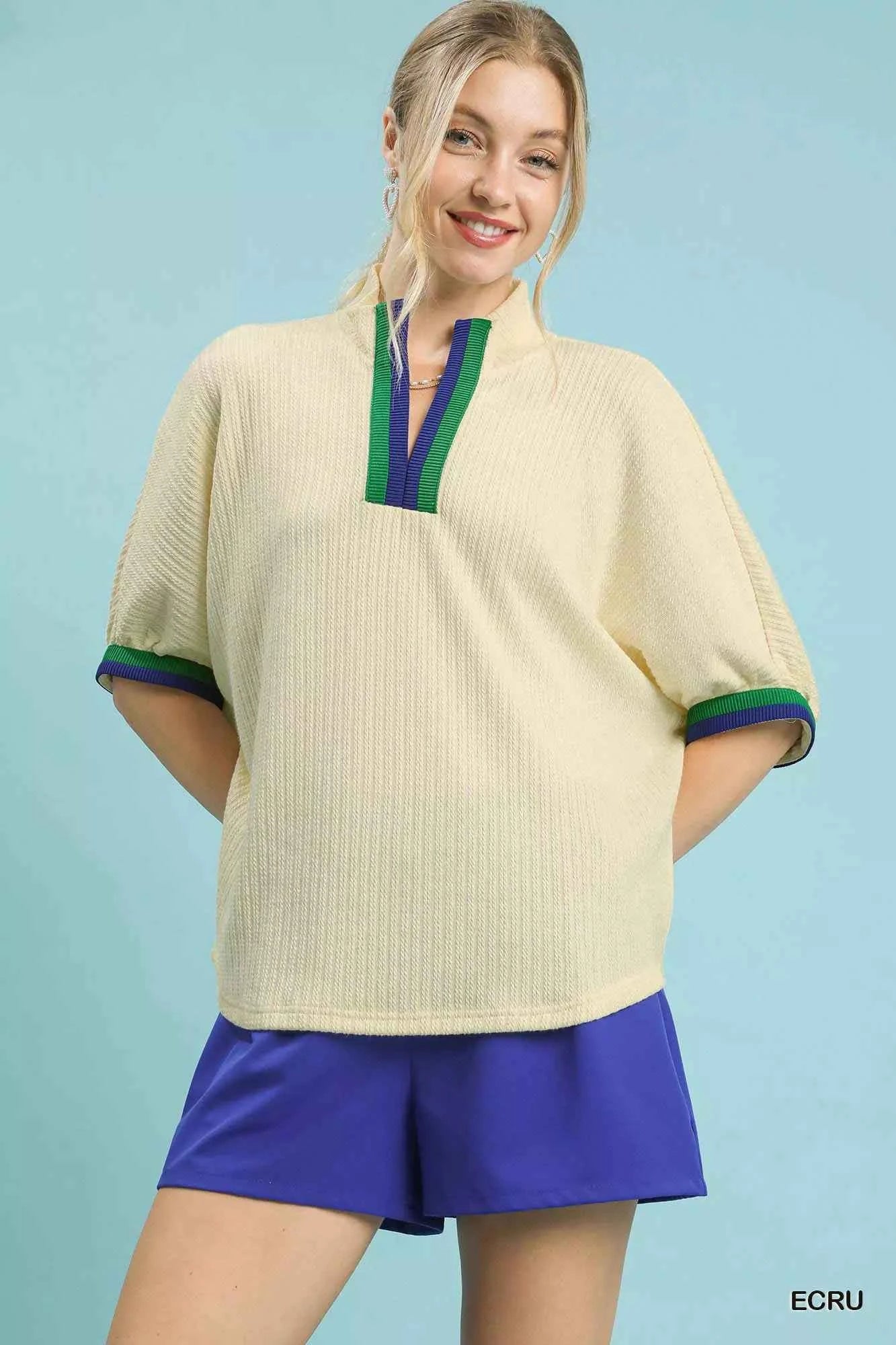 Umgee Textured Knit Top with Striped Contrast Trim ECRU 1704fe1d-5eea-46a9-8fcd-539b14811b46-Max-Origin