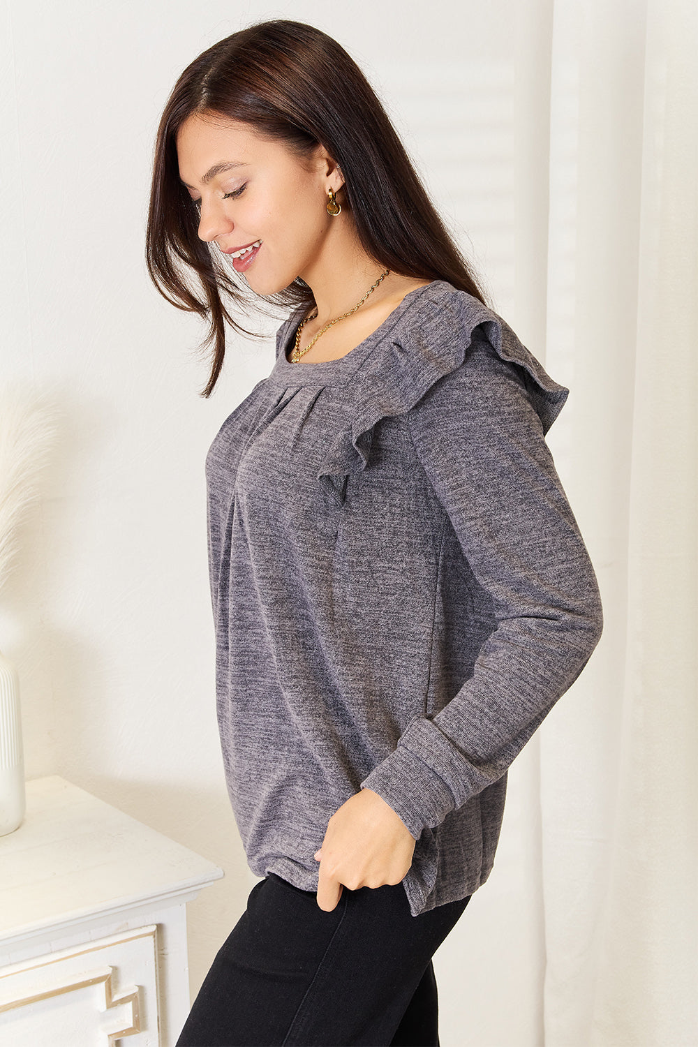 Double Take Square Neck Ruffle Shoulder Long Sleeve T-Shirt 17093243df12459cb8f7dd6fbb4f98f2-Max