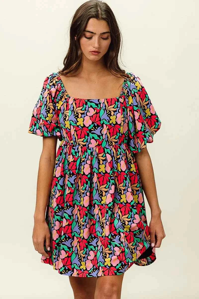 Floral Print Puff Square Neck Dress 170c37f7b34548e4b9f182184fb6b5fc-Max-Origin