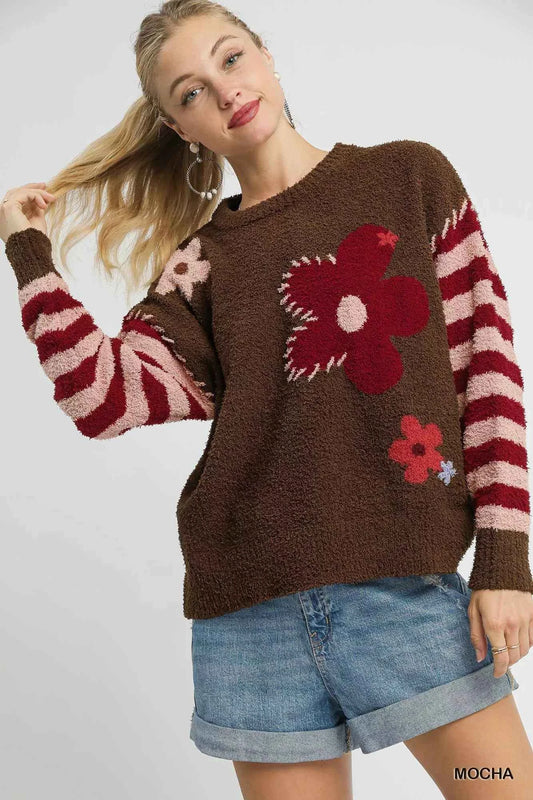 Umgee Flower Jacquard Striped Long Sleeve Sweater 170f5364-b2ee-48e1-81e1-bf4474dff239-Max-Origin