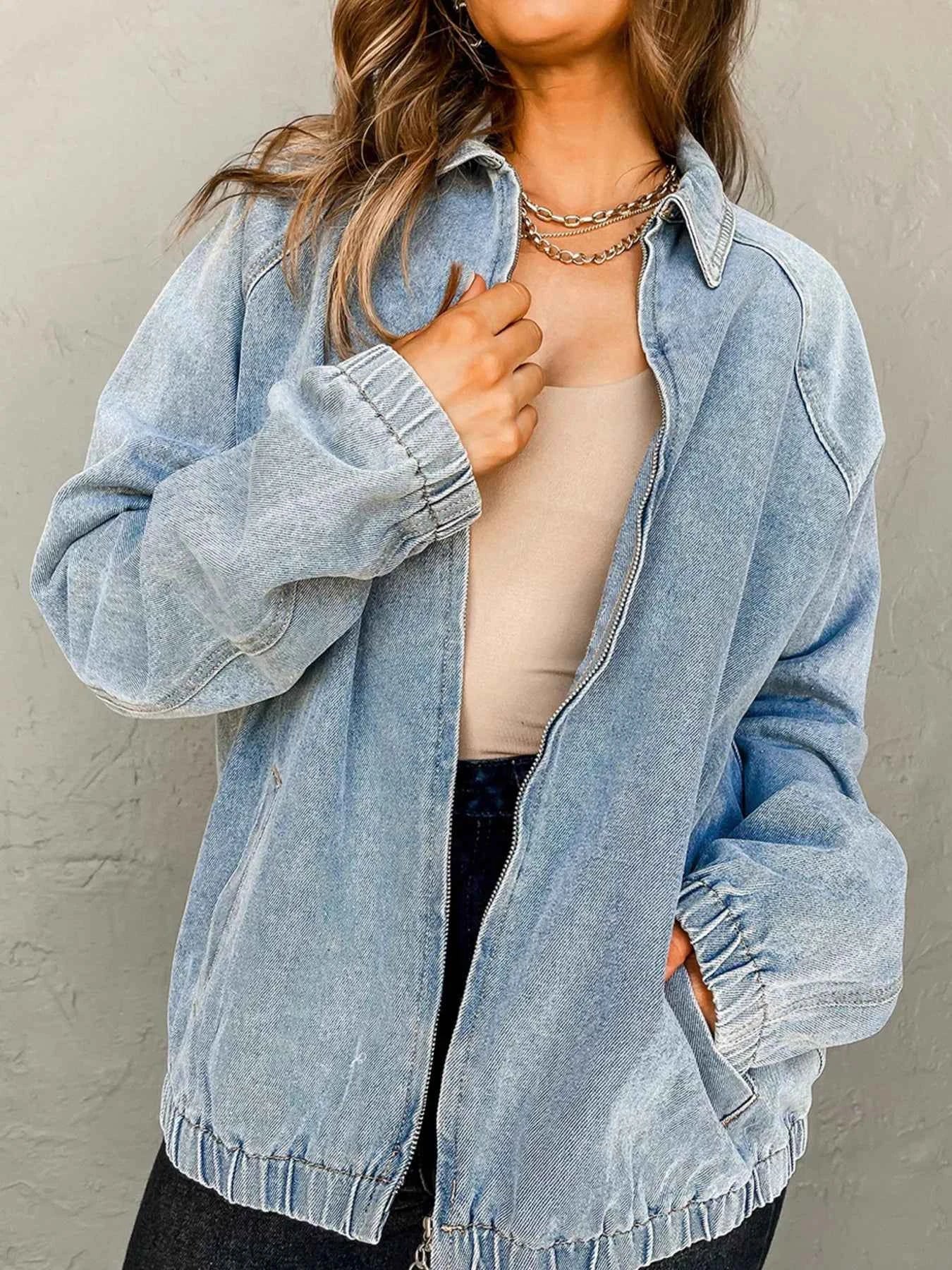 Elastic Edge Collared Zip Up Denim Jacket With Pocket Medium 17187e862ca6423bb2d725963ee33c09-Max-Origin