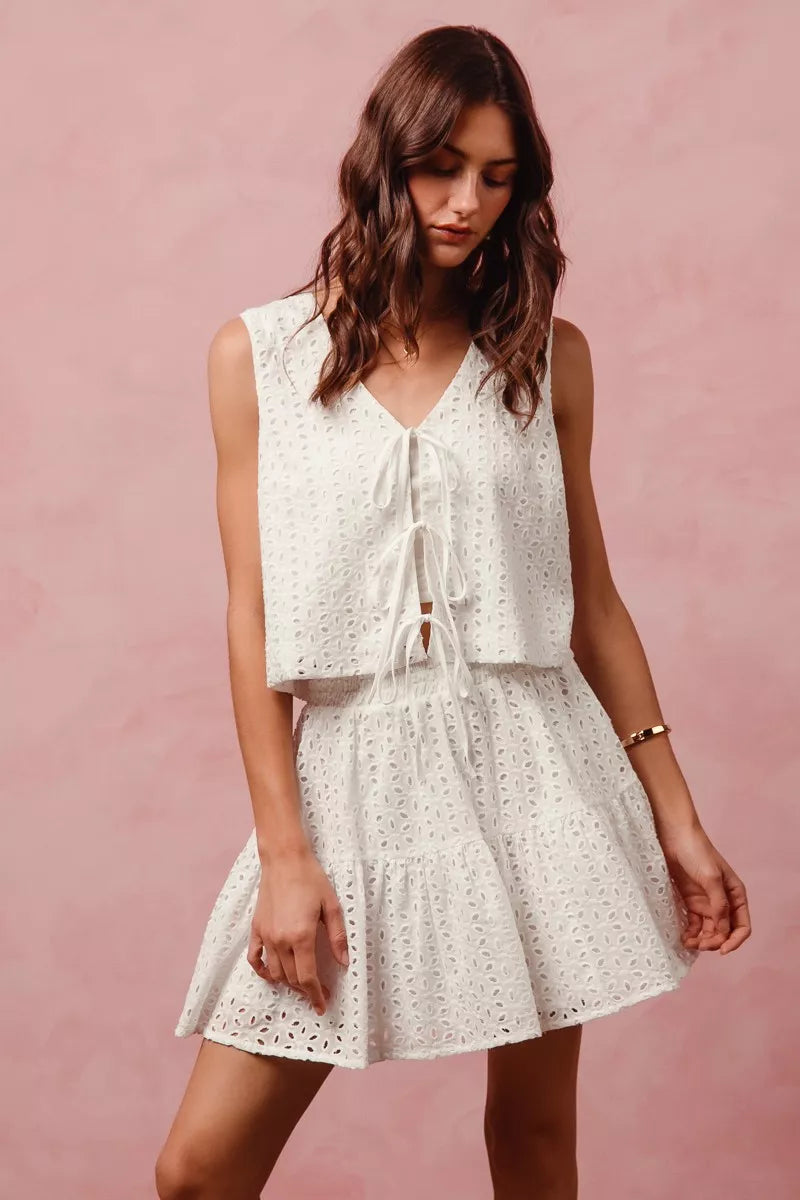 SO ME Floral Eyelet Lace Tie Front Vest Top and Tiered Mini Skirt Set OFF WHITE 171a316c413e44cea26c257daf86d1a6-Max-Origin