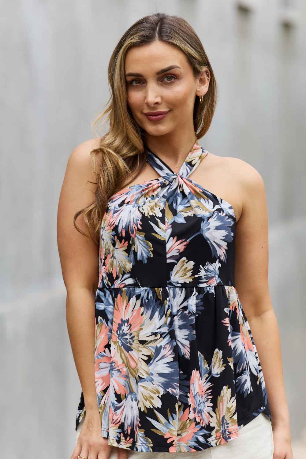 Be Stage Full Size Floral Halter Top in Black 171c0bb5d41c40e1a356ccbf93804c0d-Max