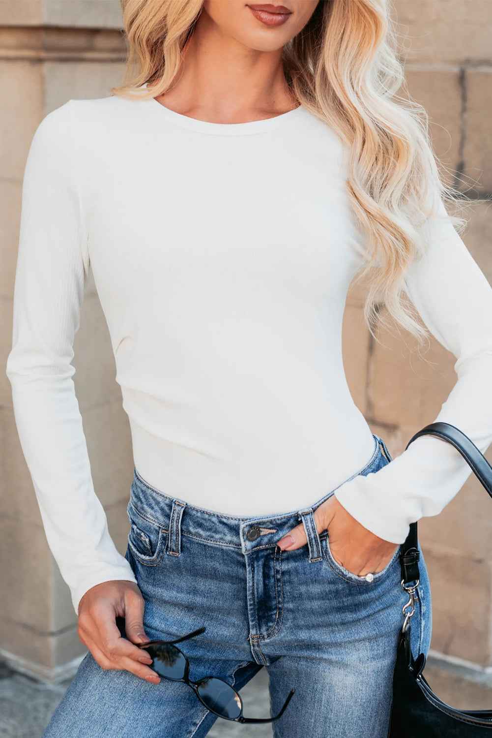Mineral Red Ribbed Long Sleeve Crew Neck Solid Color Bodysuit White 93%Viscose+7%Elastane 171dbf531dad2e19
