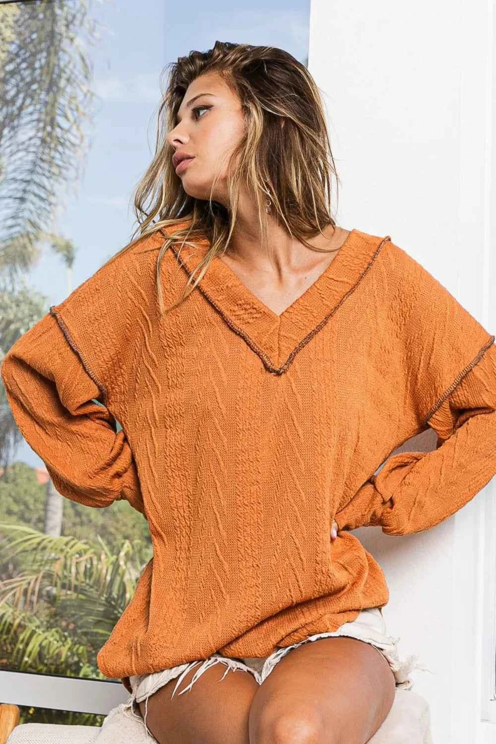 BiBi Textured Exposed Seam Drop Shoulder Knit Top 171de4a2-65f4-4e4c-a574-819bcfc2ceda-Max