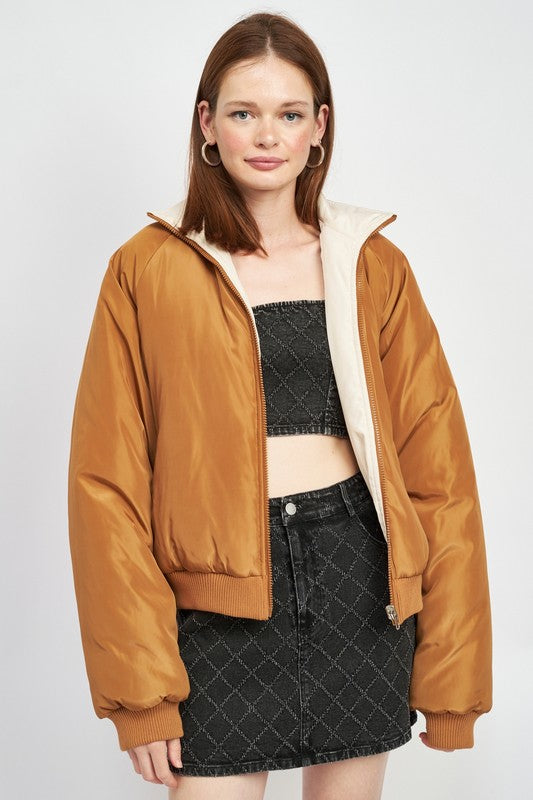 Reversible puffer jacket for women lightweight insulated zip-up coat MOCHA-IVORY 17206741_d0114d56-d2fe-48f0-9232-dd2e2cfd581a