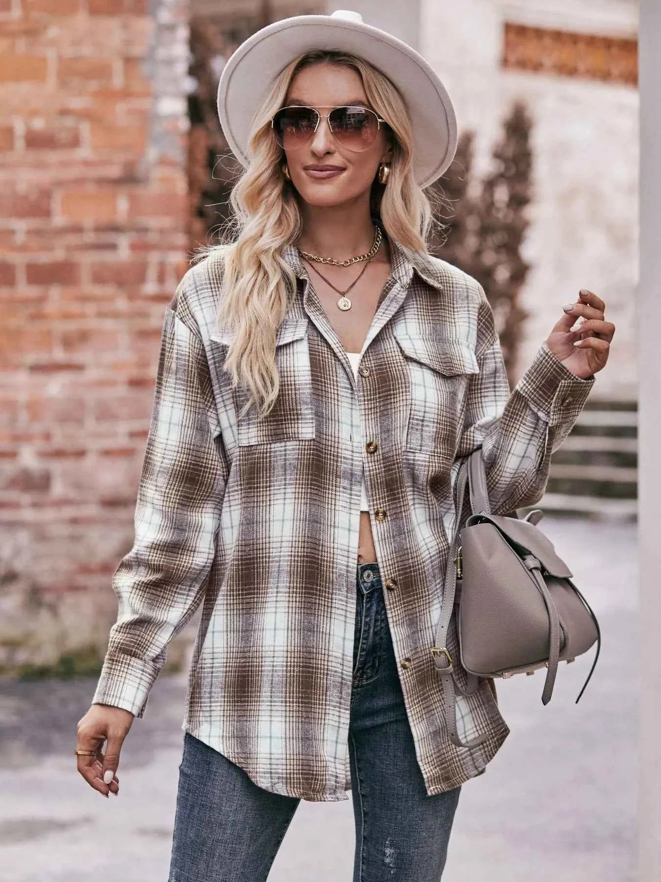 Plaid Button-Down Long Sleeve Shirt Coffee 1722ff27504e45e9a596ec684c50a5c9-Max-Origin