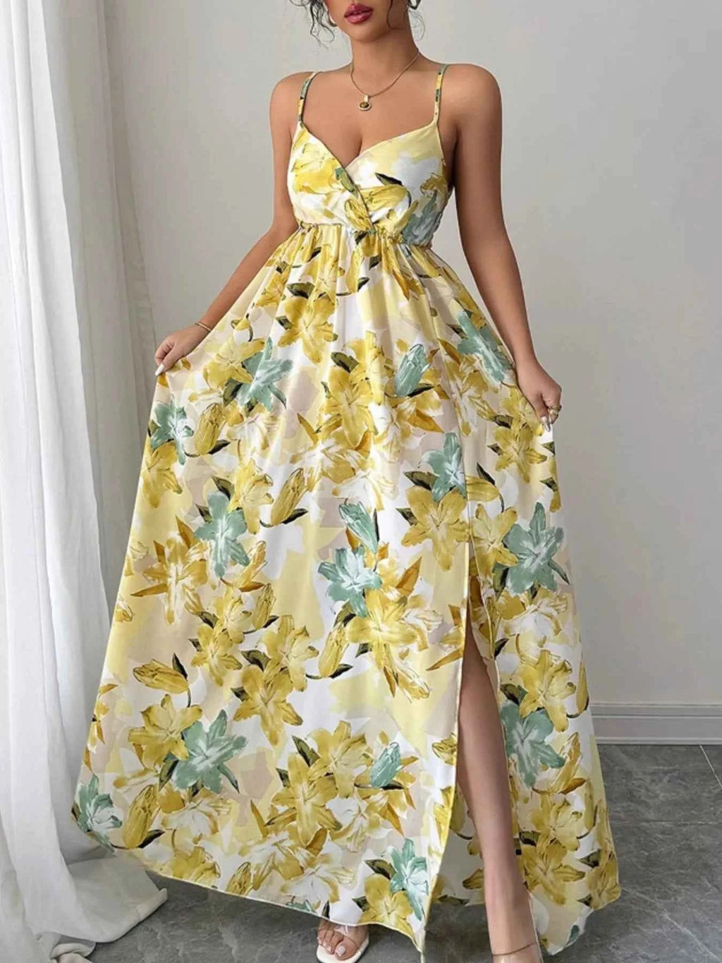 Floral Print Maxi Cami Dress with Side Slit Pastel Yellow 172425da-eab6-4b62-a50b-d7230592798a-Max-Origin