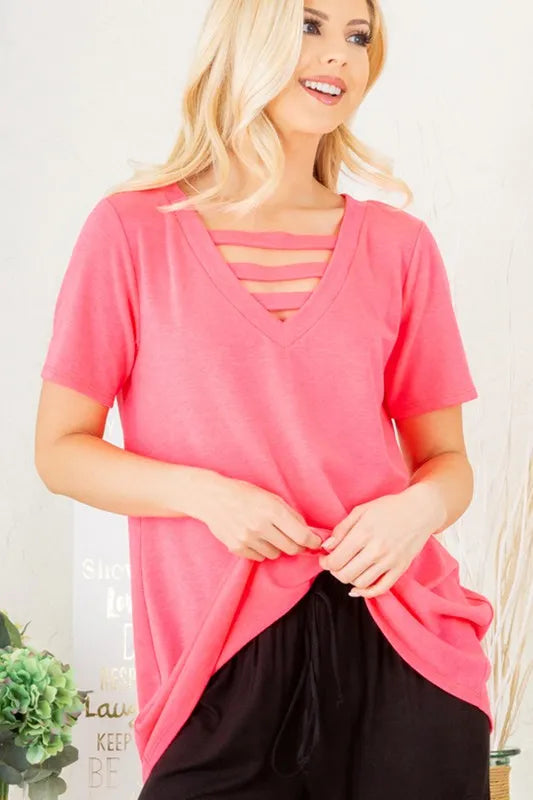 Heimish Full Size V-Neck Short Sleeve T-Shirt with Bar Detail Plus Size 17265f2c-b2b1-441f-99f2-af40169c9175-Max